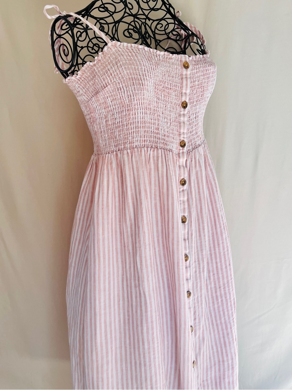 Gap 100% Linen Smocked Midi Dress Blush Pink Stripe Button Front Size L